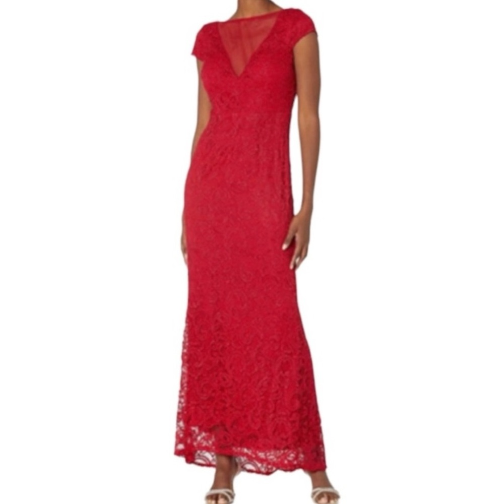 MARINA Illusion V-Neck Sequin Lace Gown Dress, Red, Petite 6P